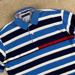 Tommy Hilfiger Men's Striped Polo Shirt Blue White Navy Red Accent Size XL